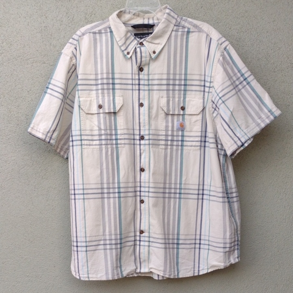 Carhartt White Plaid Loose Fit Cotton Button Down Short Sleeve Shirt Men's 2XL